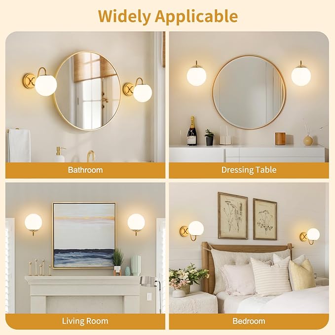 Vintage Bathroom Vanity Light Fixtures Over Mirror, Brushed Gold Vanity Lights For Bathroom With Milk White Glass Globe Shade, Wall Sconces For Bedroom, Hallway, Dressing Table(Includ G9 Bulb)