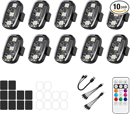 10Pcs Wireless LED Strobe Lights, 8 Colors 10 Kind of Lighting Effects USB Rechargeable Anti-Collision Warning Light, High Brightness LED Strobe Lights for Bike Car Drone Motorcycle Aircraft