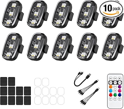 10Pcs Wireless LED Strobe Lights, 8 Colors 10 Kind of Lighting Effects USB Rechargeable Anti-Collision Warning Light, High Brightness LED Strobe Lights for Bike Car Drone Motorcycle Aircraft