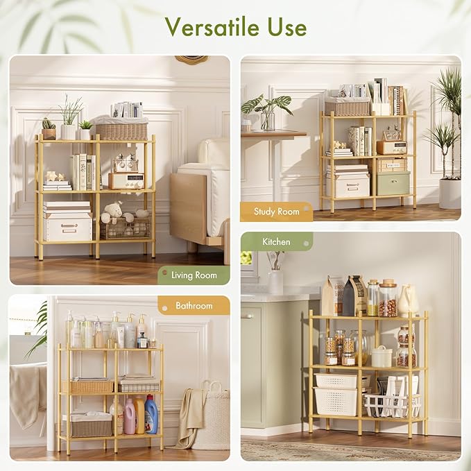 3 Tier Bookshelf, Wide Bookcase Shelf, Storage 6 Open Display Book Shelves, Bamboo Bookshelves Rustic Storage Organizer, Standing Shelf Unit for Living Room, Bedroom, Bathroom, Home Office