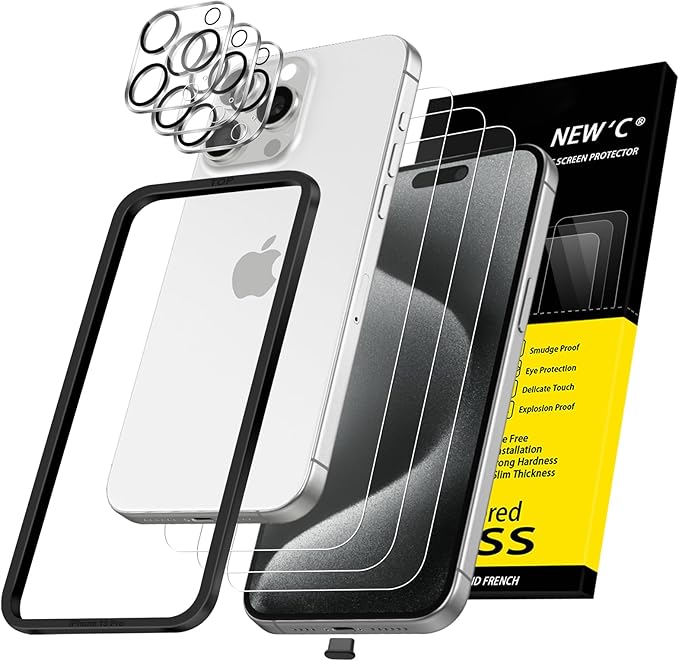 NEW'C 3X for iPhone 15 Pro Screen Protector (6.1 inches)+ 3X Camera Lens Protector, Sensor Protection, Case Friendly Tempered Glass Film + Dust Plug- Easy Installation Tool Include