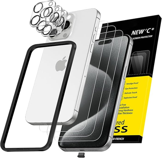 NEW'C 3X for iPhone 15 Pro Screen Protector (6.1 inches)+ 3X Camera Lens Protector, Sensor Protection, Case Friendly Tempered Glass Film + Dust Plug- Easy Installation Tool Include