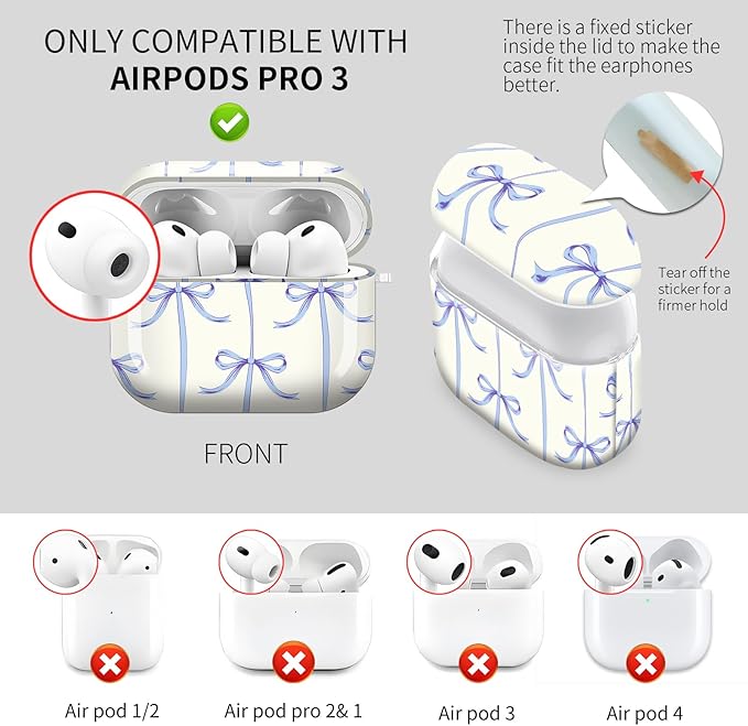 Cute Hard Case Compatible with AirPods Pro 3rd Generation Case (2025), Shockproof Protective Cover with Golden Keychain Ring Clip (Blue Bow)