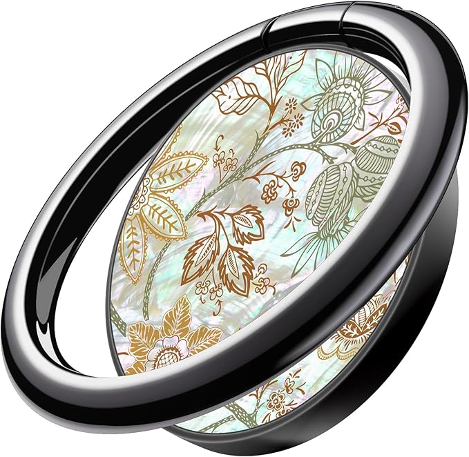 Carveit Natural Shells Cell Phone Ring Holder Metal Phone Kickstand Grip for iPhone 16 Pro Max/15/14 & Galaxy S23/S24/S25 Ultra & Pixel 8/9 -Black-Floral Wallpaper