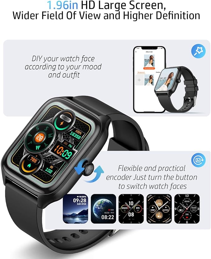 Smart Watch for Men Women, 1.96" GPS Watcher with 120+ Sports Modes, Blood Pressure/Heart Rate/Blood Oxygen/Sleep Monitor, IP67 Waterproof Smartwatch for Android iOS