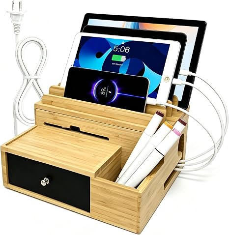 Bamboo Charging Station with 5-Port USB Charger & 5 Cables
