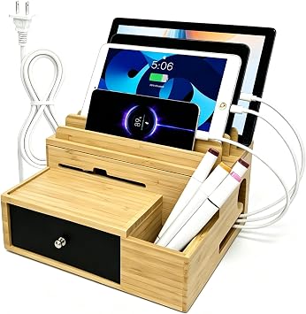 Bamboo Charging Station with 5-Port USB Charger & 5 Cables