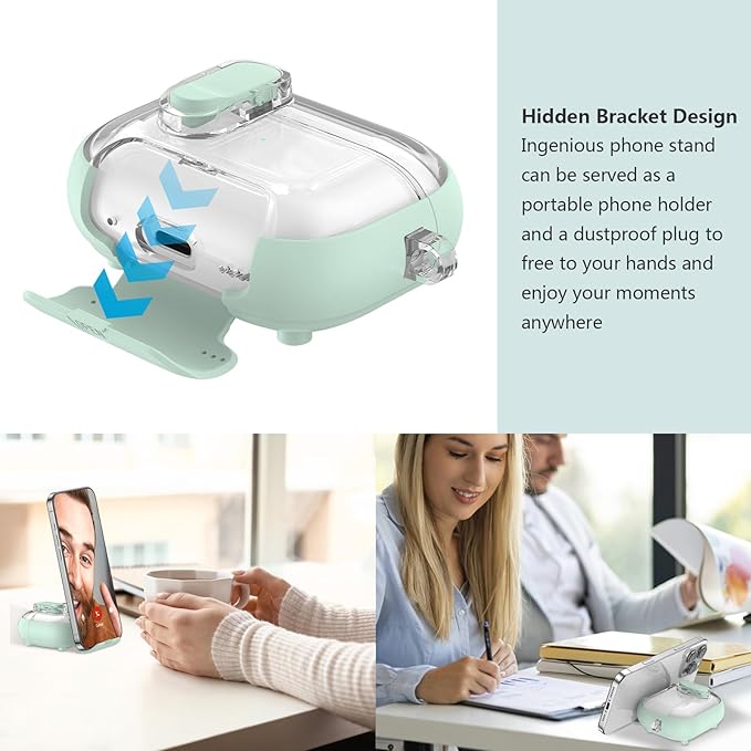 for Airpods Pro 3 Case Clear,Secure Lock for Airpods pro 3rd Generation Case Cover with Phone Stand and Magsafe Function,Auto Pop-up,Hybrid Protection Design with Carabiner&Cleaning Pen-Green