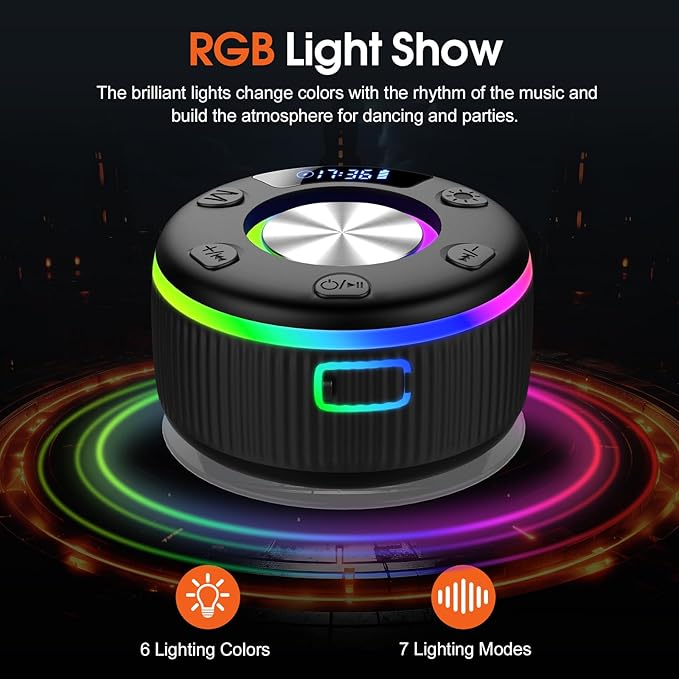 Bluetooth Shower Speaker, IP7 Waterproof Portable Bluetooth 5.3 Speakers with Suction Cup, Mini Wireless Speaker with RGB Lights Time Display, Loud Stereo Sound for Bathroom Beach Travel Outdoor Party
