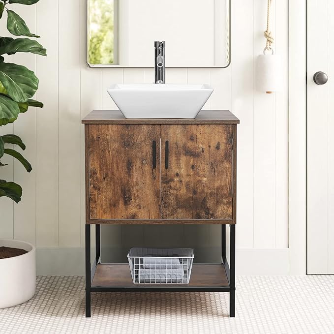eclife 24" Bathroom Vanity Sink Combo Cabinet Modern Stand Pedestal Square White Ceramic Vessel Sink W/Chrome Bathroom Solid Brass Faucet & Pop Up Drain (A07 B16BR)