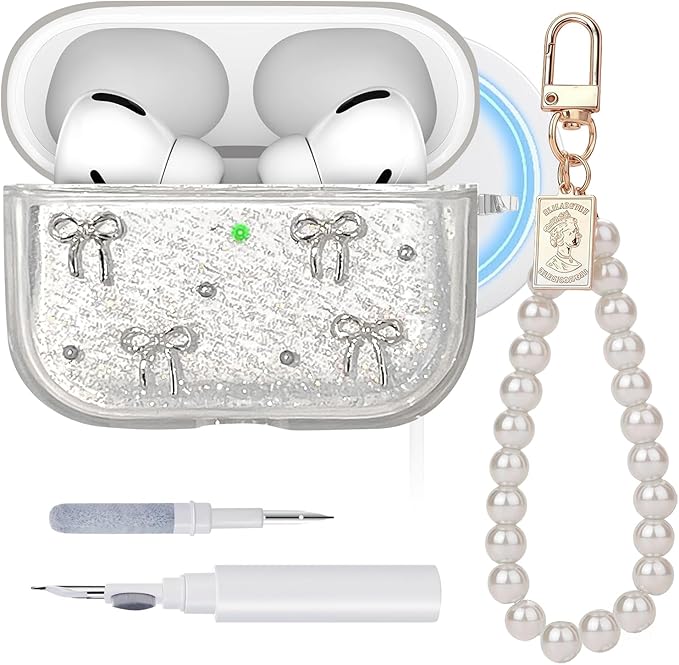 Clear Case for Airpods Pro 3,with Pearl Wristlet Keychain & Cleaning Kit,Compatible with MagSafe,Sparkle Bow Soft TPU Cover for 2025 Airpods Pro 3rd Generation,Shockproof & Girly-Clear Bow