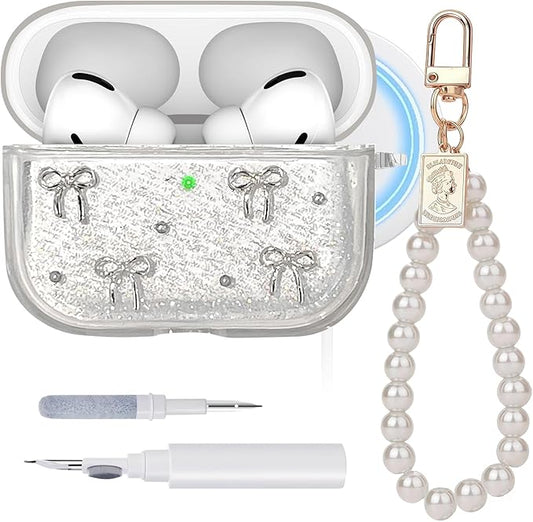 Clear Case for Airpods Pro 3,with Pearl Wristlet Keychain & Cleaning Kit,Compatible with MagSafe,Sparkle Bow Soft TPU Cover for 2025 Airpods Pro 3rd Generation,Shockproof & Girly-Clear Bow