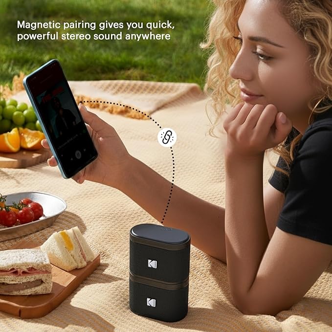 KODAK SOUNDBRIX Magnetic Splittable Bluetooth Speaker Water Resistant Durable & Portable Speaker 5H of Play USB C Wireless Connect Upto 100 Speakers Home Party Travel Speaker Gifting