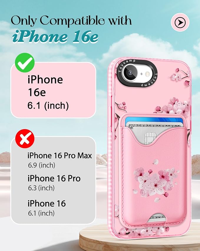 Toycamp for iPhone 16e Case 6.1 Inch - Compatible with Magsafe Credit Card Holder Wallet Magnetic Cute Women Teen Girls Kawaii Girly Unique Flower Design Phone Cover for iPhone 16e