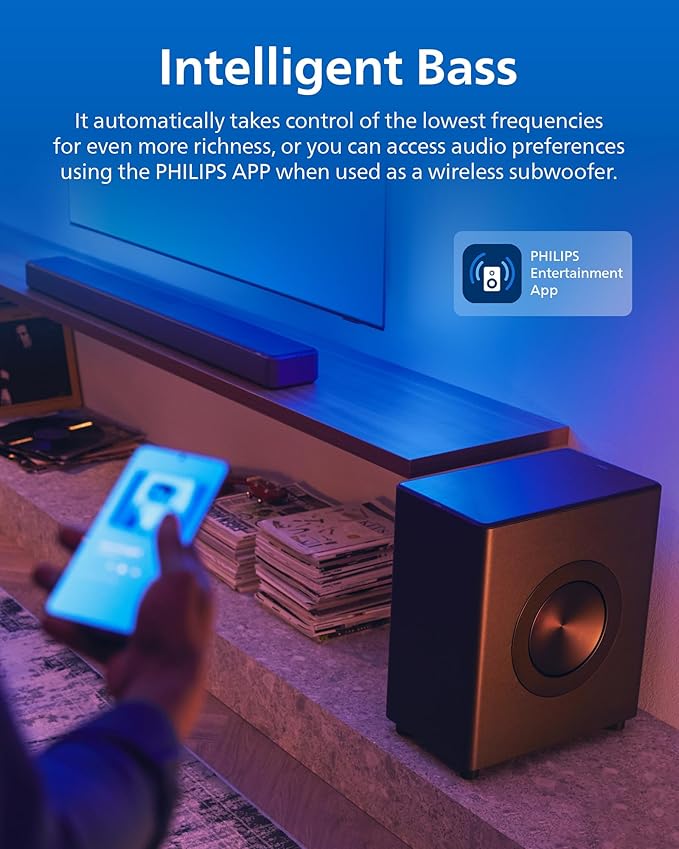 PHILIPS Fidelio FW1 Wireless Subwoofer for TV,Rich Bass Sound with DTS Play-Fi,Dual Passive-Radiator,420W Large Output,Smart Pairs,RCA Connection,Perfect for Movie and Music,Head-Turning Looks,Black