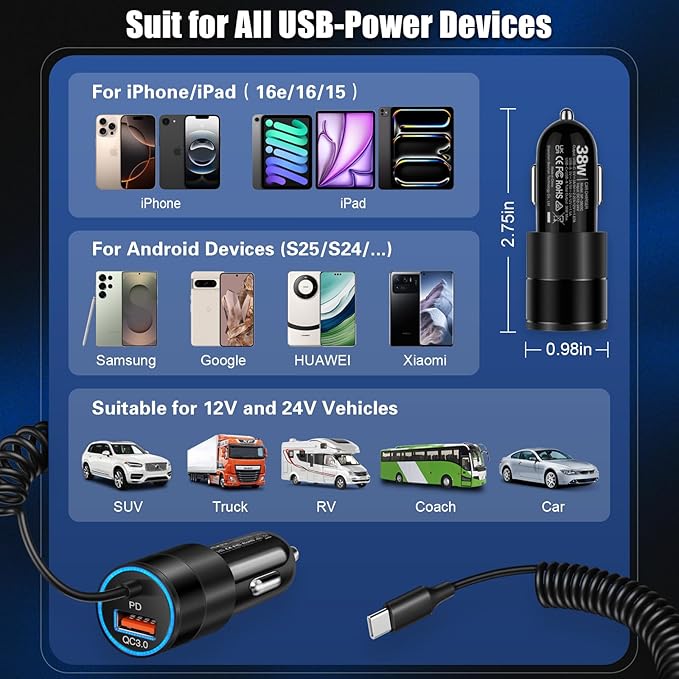 USB C Car Charger, 38W Dual Ports USBC & USB-A Cigarette Lighter Adapter Fast Charging Phone Plug with Bulit-in 1.2m Coiled Cable for iPhone 17 Pro Max,16,16e,15, 14, 13, Galaxy S25, S24, Pixel 7