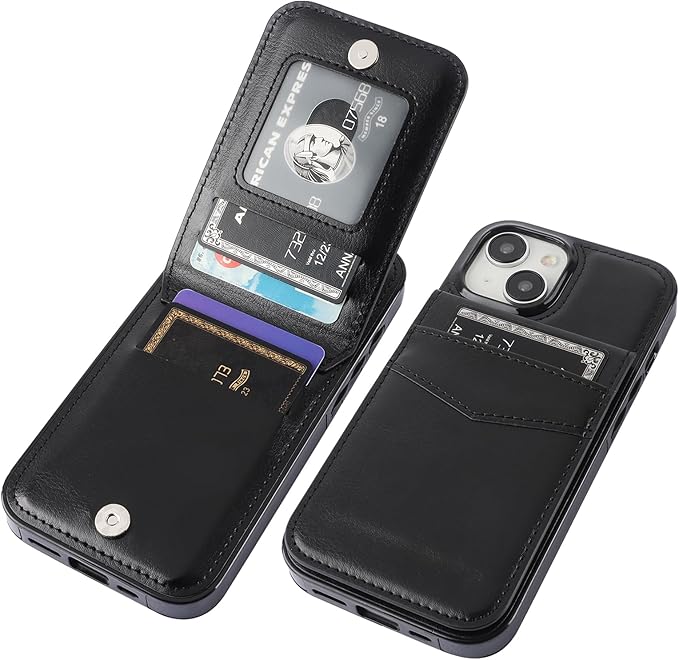 KIHUWEY Compatible with iPhone 15 Case Wallet with Credit Card Holder, Flip Premium Leather Magnetic Clasp Kickstand Heavy Duty Protective Cover for iPhone 15 6.1 Inch (Black)