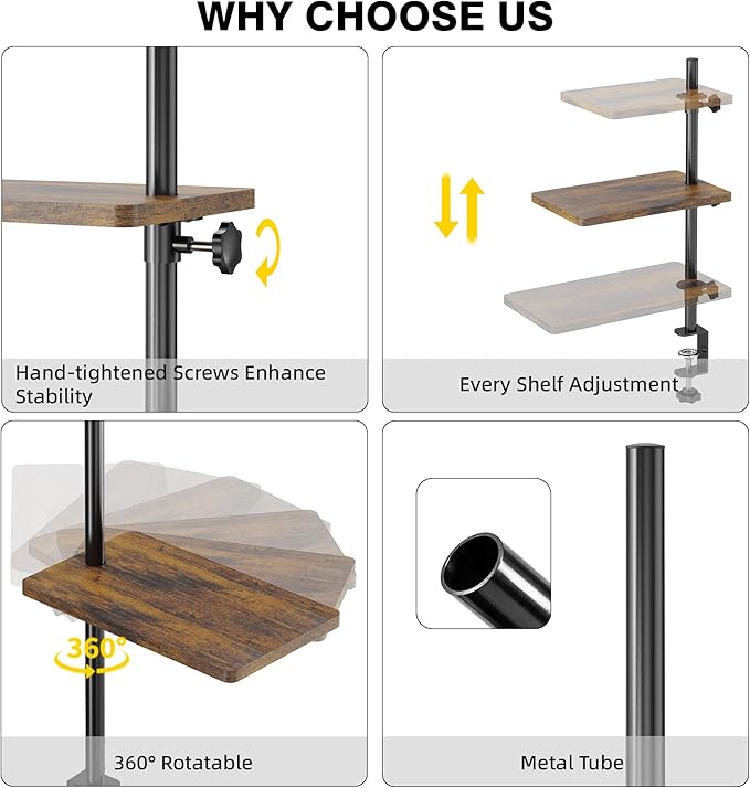 3 Tiers Clamp On Desk Shelf, 360¡ã Angle Adjustable Desktop Shelf Organizer for Home Office Gaming Room, No Drill Desk Extender Adapt to 0.4-2.16 inches Table Thick, Black Brown