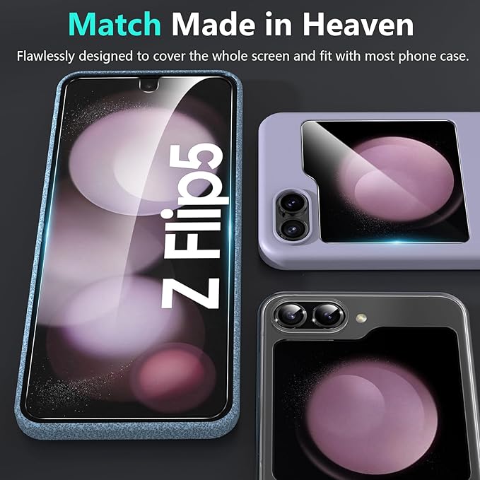 YWXTW [ 2023 Upgraded Alignment Tool for Samsung Galaxy Z Flip 5 Screen Protector, 2 Pack Inner Soft EPU + 2 Pack Front Tempered Glass + 2 PCS Metal Camera Lens Protector, Case Friendly