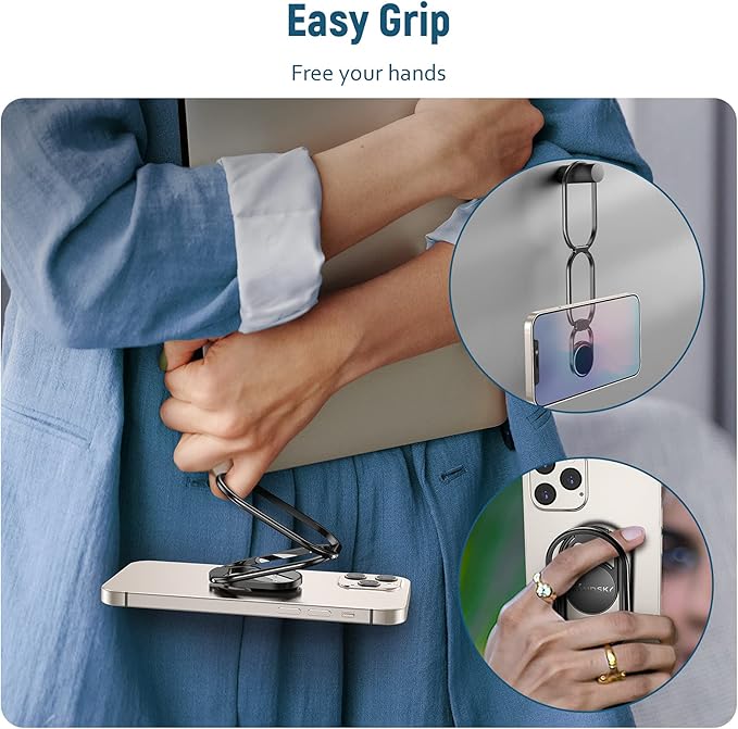Phone Ring Holder Finger Kickstand 360°Rotation Cellphone Back Grip Foldable Cell Phone Stand for Desk Compatible with iPhone iPad Smartphones Tablets (Black)