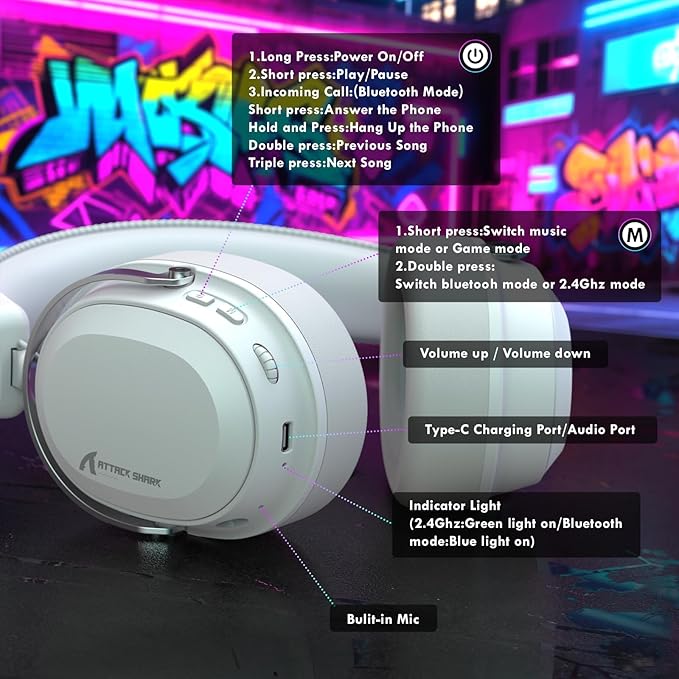 ATTACK SHARK L30PRO Wireless Gaming Headset,7.1 Surround Sound, 50mm Drivers,20ms Low Latency,Detachable Noise-Canceling Microphone, Aluminum Alloy Frame,Quad-Mode Connectivity-White