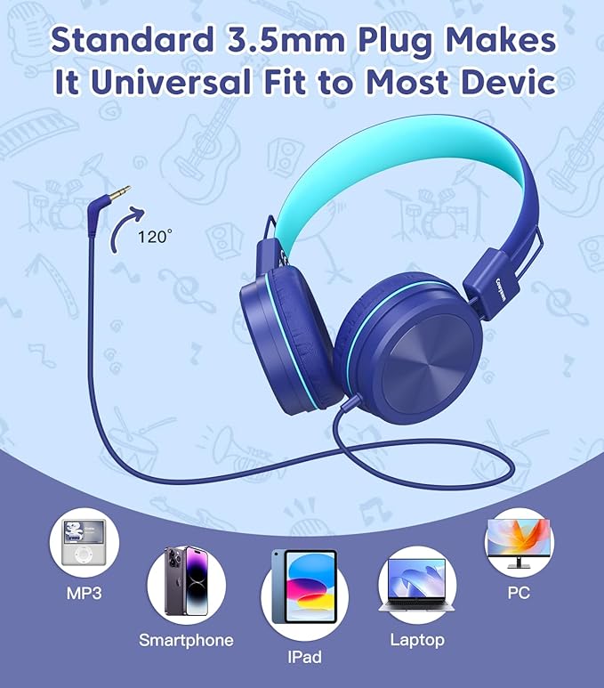 Kids Headphones, Toddler Headphones with Safe Volume Limiter 94dB, Wired School Headphones for Kid, 3.5mm Adjustable On-Ear Headphone for Boys/Girls/Children/Teens/iPad/Computer, Dark Blue