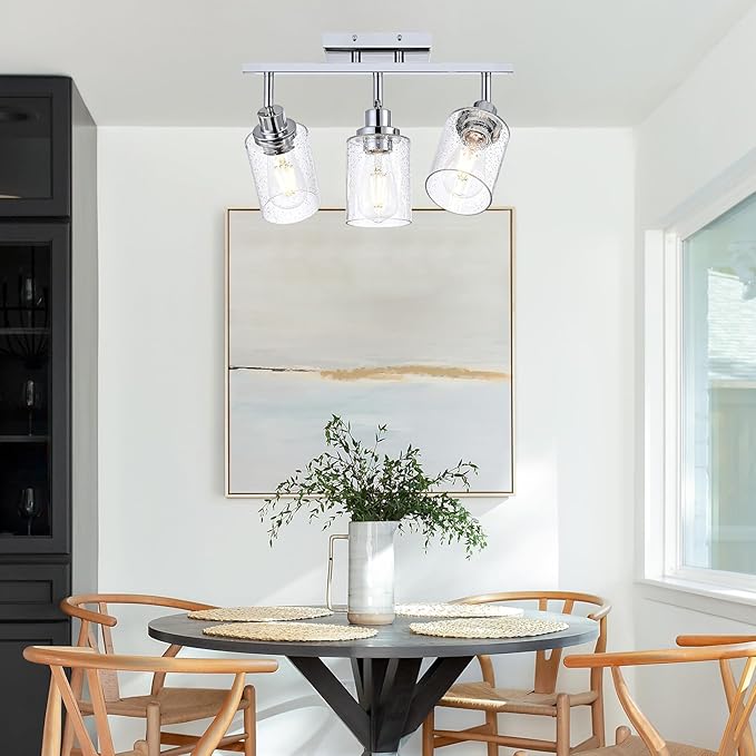 3-Light Chrome Track Light Fixture Ceiling Track Lighting Heads with Seeded Glass Chrome Multi-Directional Rotating Track Lighting Kit Vanity Light Spotlight for Kitchen Accent Shop Bathroom