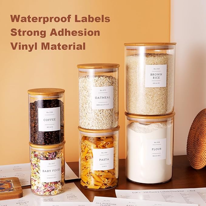 Set of 6 Glass Flour and Sugar jars with 132 Kitchen Pantry Labels - Thicken Large Glass Storage containers with Airtight Bamboo Lid - Rice Canisters for Salt Coffee - 100OZ/54OZ/27OZ