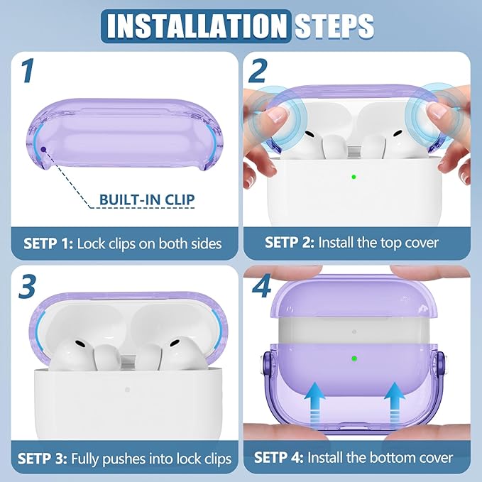 for Airpods Pro 3 Case,Safety Lock Cases for Apple Airpod Pro 3 (2025) with Phone Stand & Cleaner Kit,Drop Protection Air pods Pro3 Case Cover for Men Women with Keychain,Clear Purple