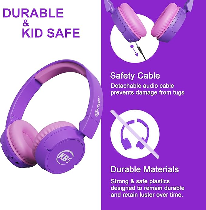 Contixo KB5 Kids Bluetooth Headphones - Wireless Over-Ear Foldable Headphones with Volume Limiter (85dB), Built-in Microphone, Adjustable & Comfortable Design for Boys & Girls - Purple + White