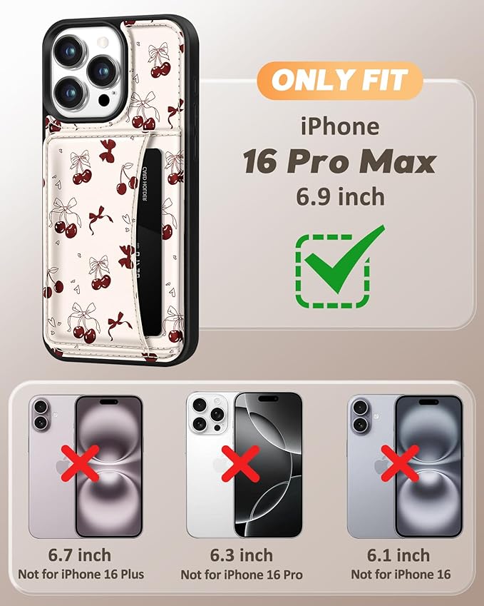 for iPhone 16 Pro Max Case with Wallet - Fits 4 Card Slots, Compatible with MagSafe for Women Aesthetic PU Leather Credit Card Holder Kickstand Phone Cover for Apple 16 Promax, Bow Cherry