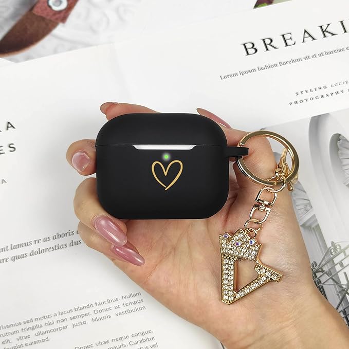Compatible with AirPods Pro 3 Case Cover (2025), Soft Silicone Case with Gold Heart Pattern for AirPods Pro 3rd Generation Case with Rhinestone Studded Letter A-Z Keychain (V Black)