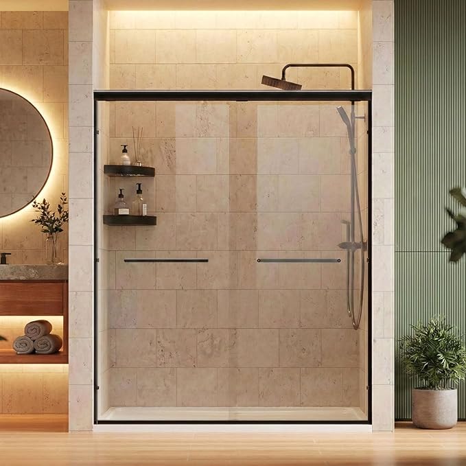 Shower Door 56-60" W x 72" H Semi-Frameless Double Sliding Bathroom Glass Shower Doors for Walk-in Shower with 1/4 inch Clear Tempered Glass, Matte Black