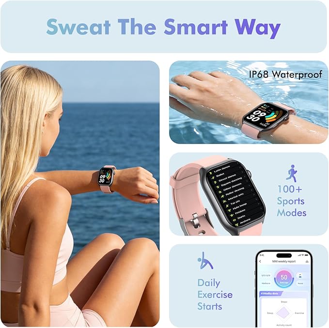 YMS Android Smart Watch for Women - 2.0",IP68 Waterproof Fitness Watches Bluetooth Call (Answer/Call),Heart Rate/Sleep/Pressure/Steps Monitor,Android & iOS,100+ Sports Trackers (Pink)