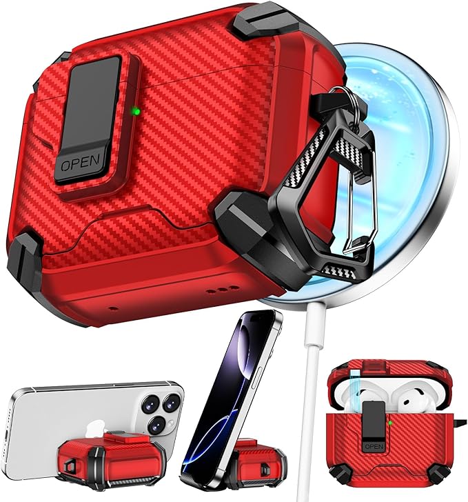 Compatible with AirPods 4 Case,Magnetic Automatic Lock with Phone Stand & Cleaning Kit,Compatible with Magsafe,Carbon Fiber Texture Cover -Red