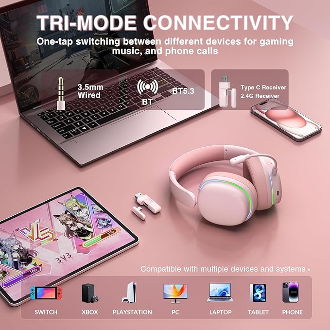 AULA G7 Pro Wireless Gaming Headset with 7.1 Surround Sound, 40mm Driver, BT5.3 Gaming Headphones with Mic, RGB, 10ms Latency, 65H Battery, Pink Gaming Headset for PS5,PS4, Switch,Xbox,PC,Phone, Mac