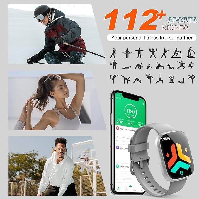 Smart Watches for Men Women, 1.95" HD Touchscreen Fitness Tracker with Bluetooth Calls, IP68 Waterproof, 120+ Sport Modes, 7-Day Battery, 24/7 Heart Rate & Sleep Monitor for Android iOS (Gray)