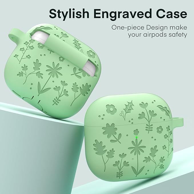 Maxjoy for AirPods 4 Case, Engraved Silicone Cute AirPod 4 Case for Women Men Protective iPod 4 Cover with Keychain Cleaning Kit for AirPod 4th Generation Cover 2024, Matcha