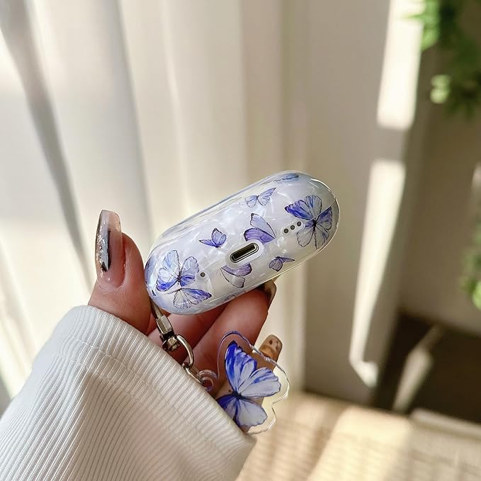 Cute Airpod Pro 2 Case (2022/2023) with Keychain White Marble Hard TPU Protective Cover Compatible with AirPods Pro 2nd Generation Case for Girls Women (Bluish-Purple Butterfly)