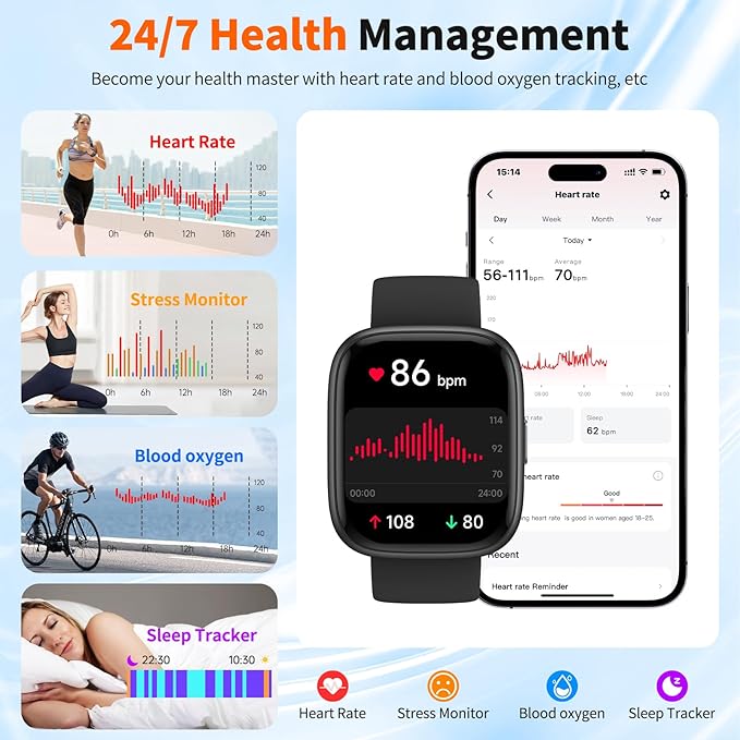 2026 Upgraded Smart Watch with Voice Assistant【1.83" HD Touchscreen】【BT5.3 Call, 100+ Sports Modes & IP68 Waterproof】 Fitness Tracker 24/7 Heart & Sleep Monitor for Android iOS Men Women