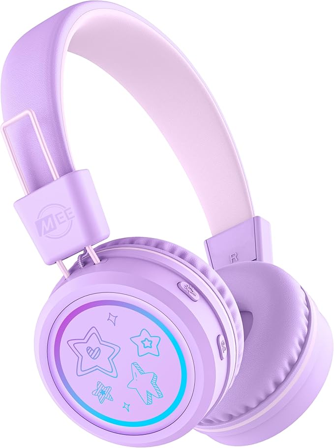MEE Audio KidJamz KJ55BT Bluetooth Wireless Safe Listening Headphones for Children w/LED Lights, 85dB Volume Limiter, Microphone, & 40h Battery; Kids Headset for School/iPhone/iPad/Tablet (Lavender)