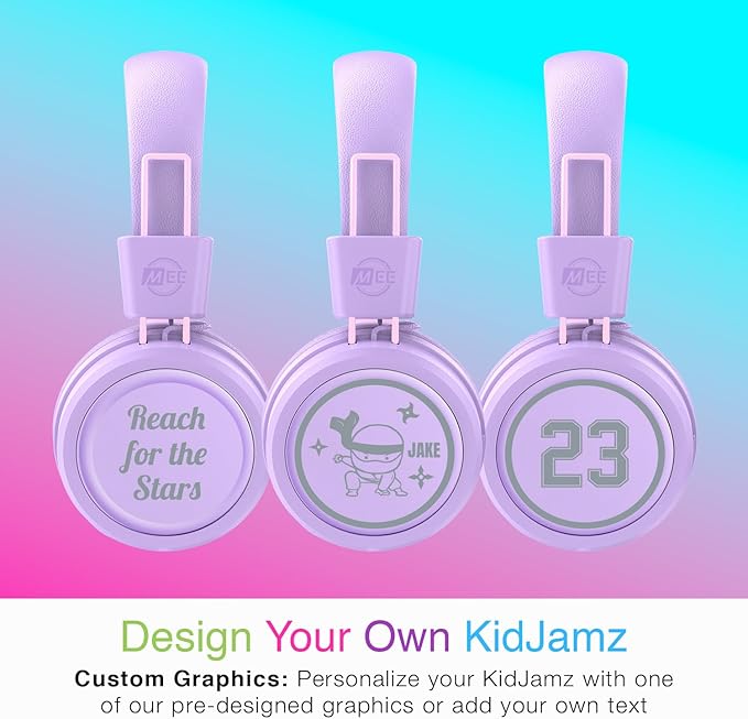 MEE audio KidJamz KJ55BT Personalized Bluetooth Wireless Safe Listening Headphones for Kids w/Custom LED-Backlit Design, Volume Limiter, Mic; Kids Headset for School/iPhone/iPad/Tablet (Lavender)