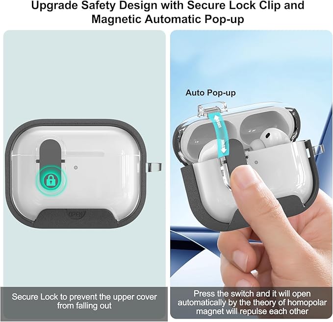 for Airpods Pro 3 Case Clear,Secure Lock for Airpods pro 3rd Generation Case Cover with Phone Stand and Magsafe Function,Auto Pop-up,Hybrid Protection with Carabiner&Cleaning Pen-Furry Grey