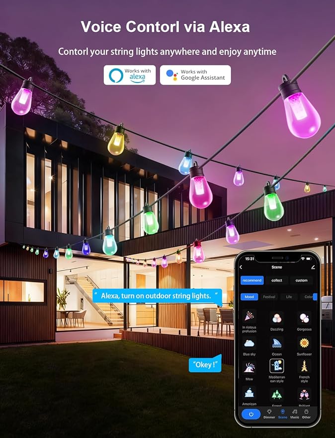 APPECK Smart Outdoor String Lights, 100ft Smart RGBW Outdoor Patio Lights with 30 LED Bulbs, Extendable, 111 Scene Modes, IP65 Waterproof Lighting for Outside, Halloween Decor, Compatible with Alexa