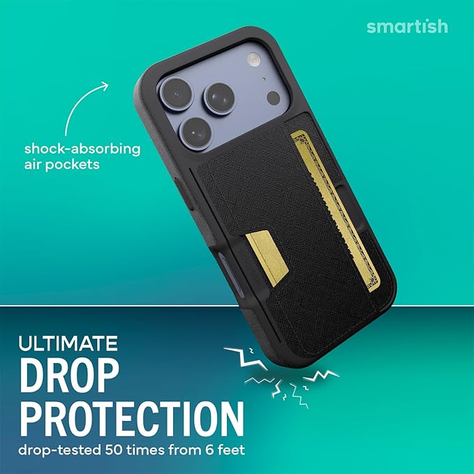 Smartish® iPhone 17 Pro Wallet Case - Wallet Slayer Vol. 2 [Slim + Protective] Credit Card Holder w/Kickstand - Drop Tested Hidden Card Slot Cover for Apple iPhone 17 Pro - Black Tie Affair