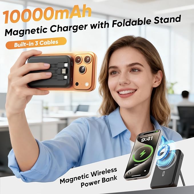 Power Bank 10000mAh Compatible with MagSafe, Magnetic Portable Charger with Digital Display, 15W Wireless Fast Charging, Built-in 3 Cables Compatible with iPhone 17/16/15/14/13/12 Series (White)
