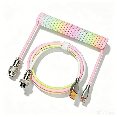 CHICHEN Type-C Coiled Cable for Gaming Keyboard,Double-Sleeved Mechanical Keyboard Cable with Detachable Metal Aviator Connector,1.5M USB C to USB A. (Rainbow)