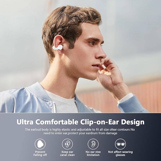Open Ear Bone Conduction Headphones Bluetooth 5.3 Wireless Open Clip Ear Earbuds Built-in Mic with Ear Hooks 60 Hours Playtime Sport Earphones IPX7 Waterproof for Fitness Running Walking White