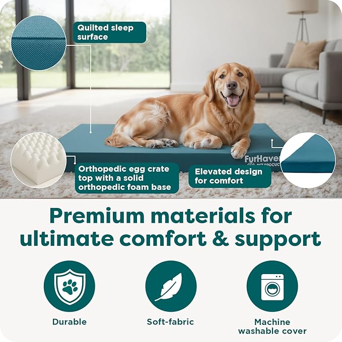 FurHaven Water-Resistant Orthopedic Dog Bed for Large Dogs, Oxford Polycanvas Mattress with Orthopedic Egg Crate Foam for Joint Support, Removable Washable Cover, Jumbo/XL, Deep Lagoon