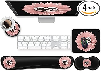 Ergonomic Mouse Pad and Keyboard Wrist Support, Non-Slip Rubber Base for Office Gaming Working Easy Typing & Pain Relief Sunflower and Cute Cartoon Dog Paw Print Pet Pink Flowers Desktop Decoration